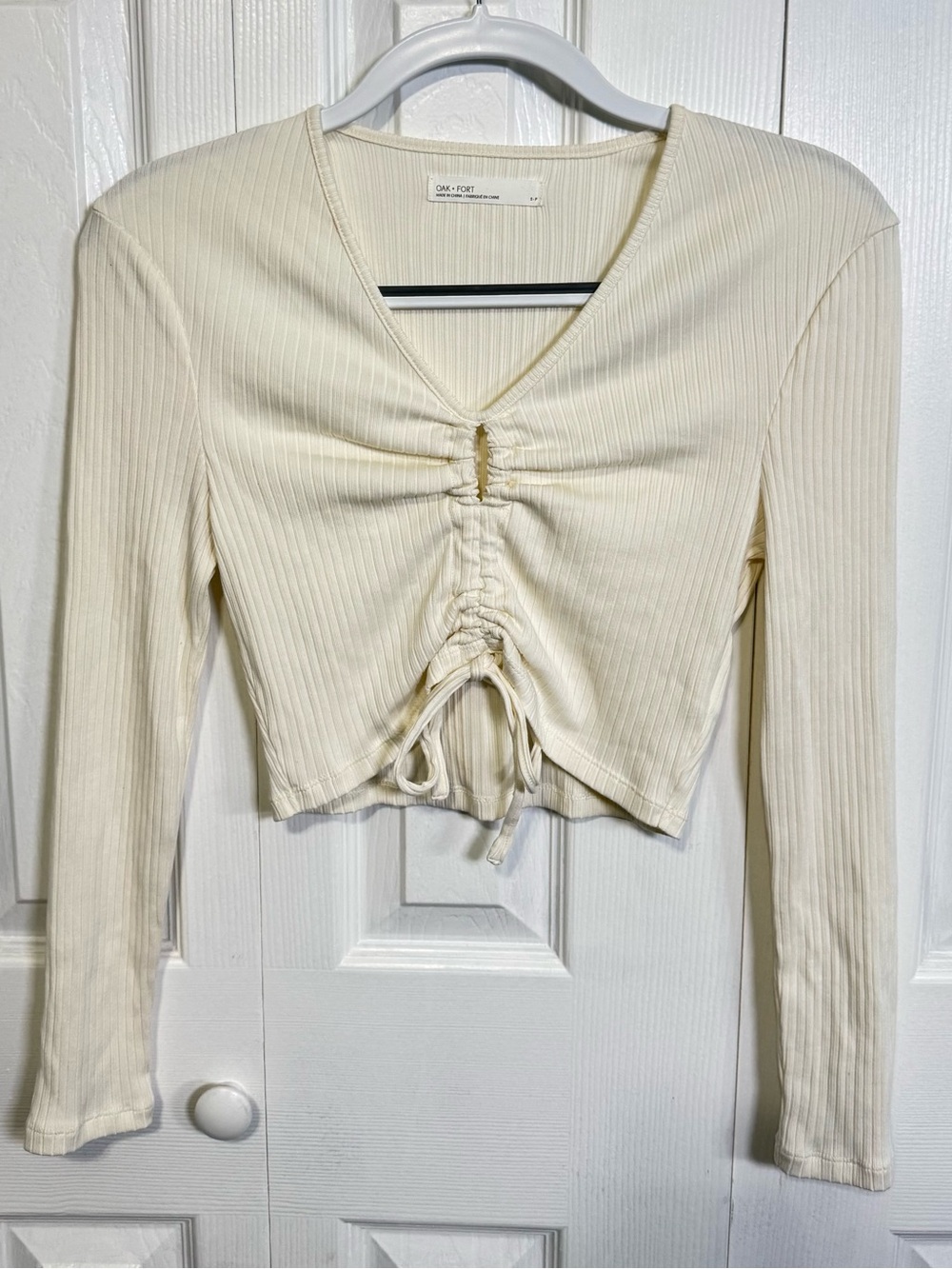 Oak + Fort Cream Ribbed Ruched Drawstring Crop Top Small - Picture 1 of 4
